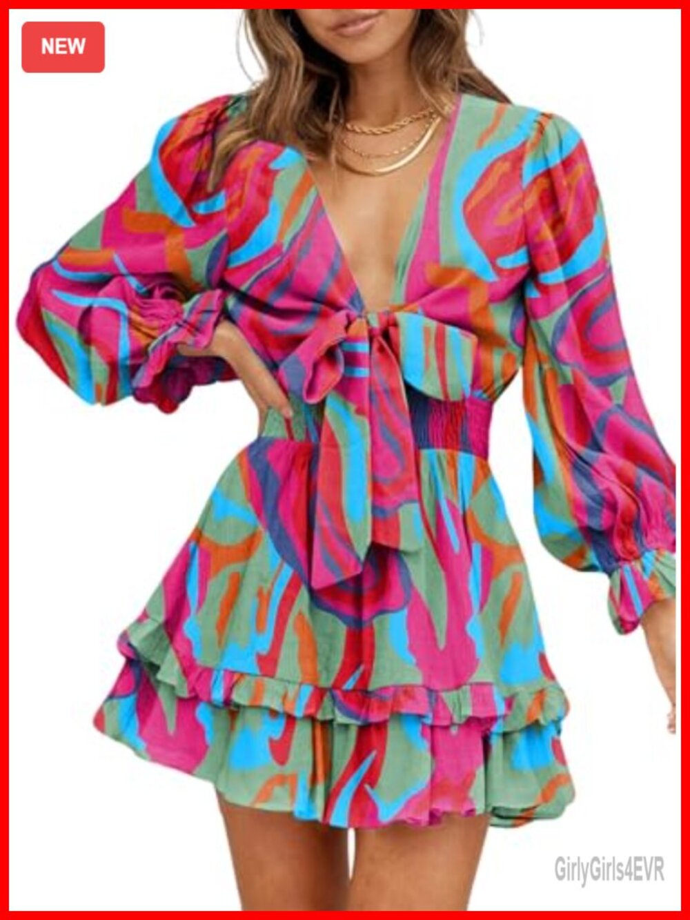 Dokotoo Women's Deep V Neck Knotted Tiered Chiffon Mini Swing Skater Dress